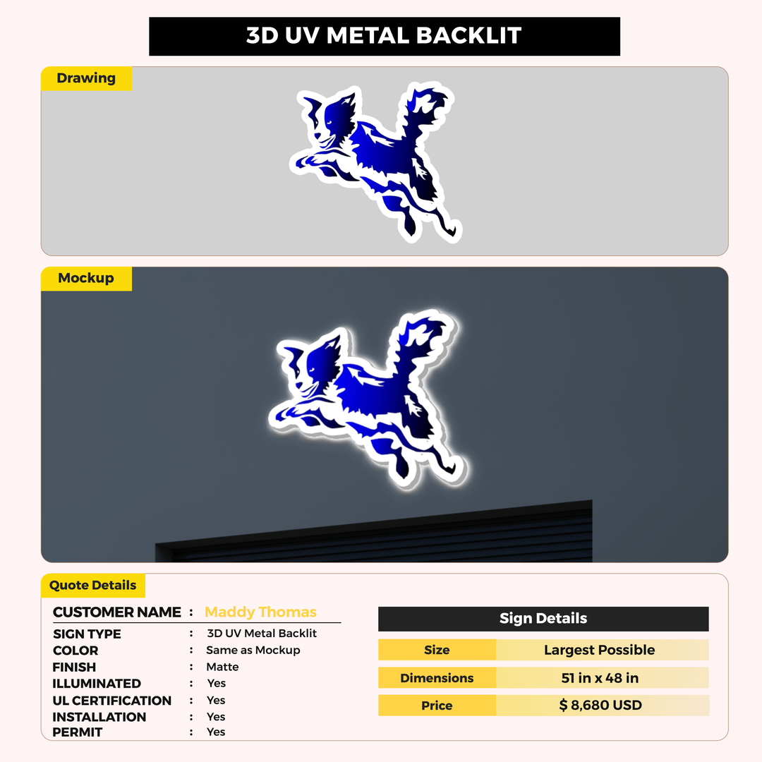 3d UV metal backlit for Maddy Thomas