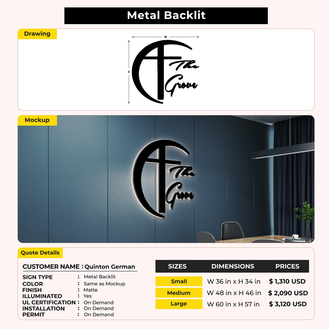 Metal Backlit Sign for Quinton German