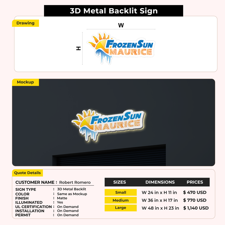 3D Metal Backlit Sign for Robert Romero