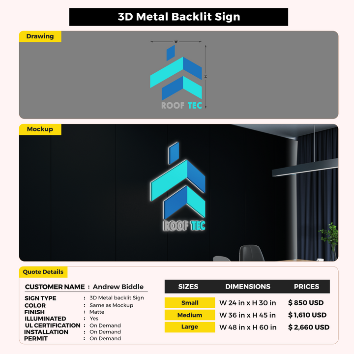 3D Metal Backlit Sign For Andrew Biddle