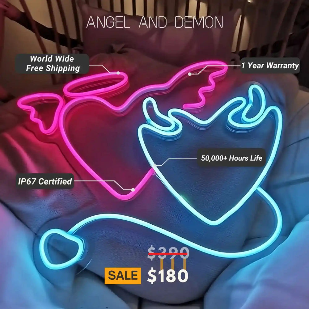 Angel and Demon Heart Neon Sign | A Duality of Love and Darkness - Radiant Illuminations from manhattonneons.com.