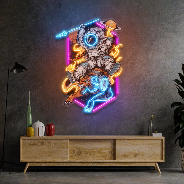 Astronaut Riding Tiger UV Art Led Neon sign Acrylic Artwork - Experience the cosmic vibe! manhattanneons.com