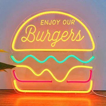 this image shows a yellowish Burger Neon Sign 