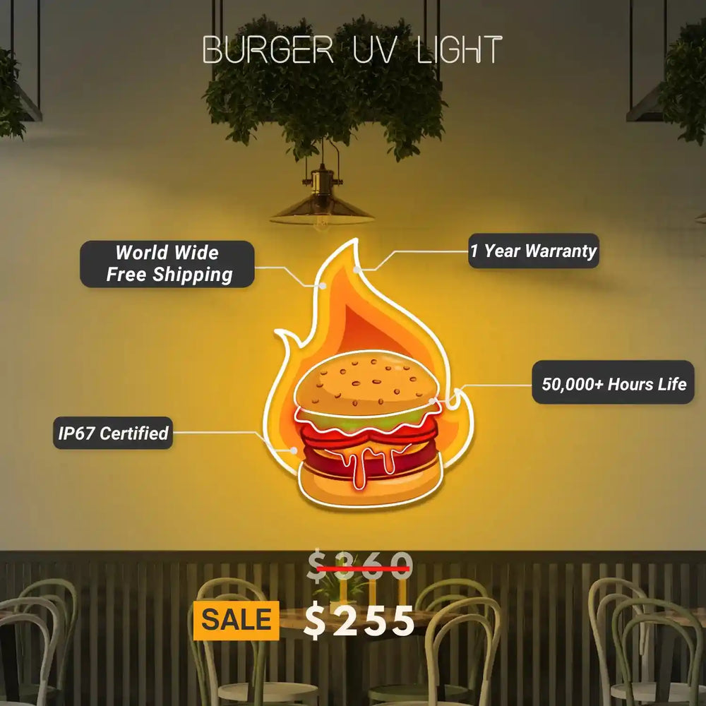 Burger UV Light | Sizzle Up Your Space - Illuminate Your Room with a Delicious Glow - from manhattonneons.com.