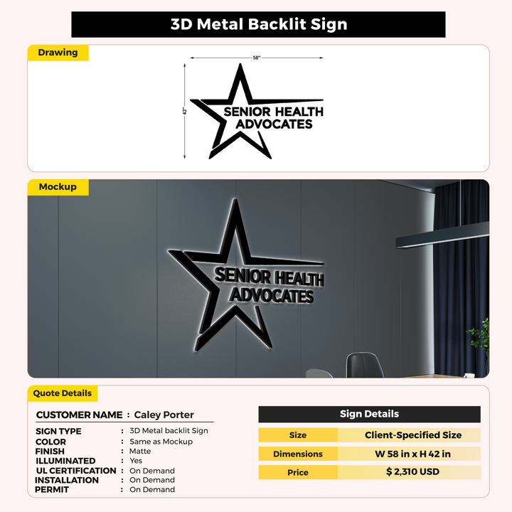 3D Metal backlit Signs for Caley Porter