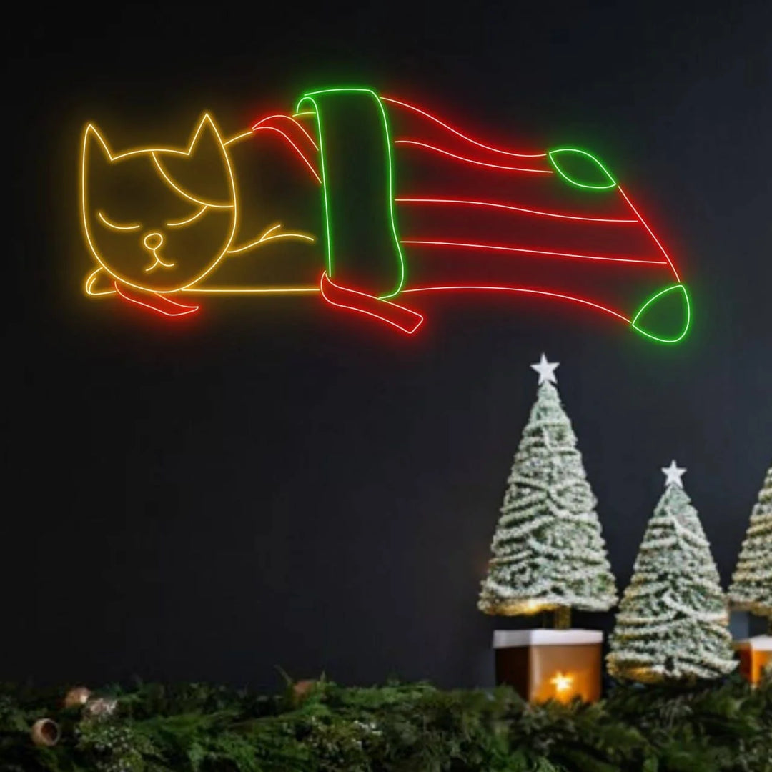 Cat in Noel Sock Neon Sign by manhattanneons.com - Add festive charm with this adorable cat-in-sock neon sign.
