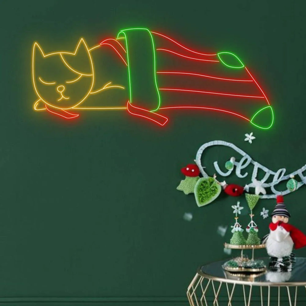 Cat in Noel Sock Neon Sign by manhattanneons.com - Add festive charm with this adorable cat-in-sock neon sign.