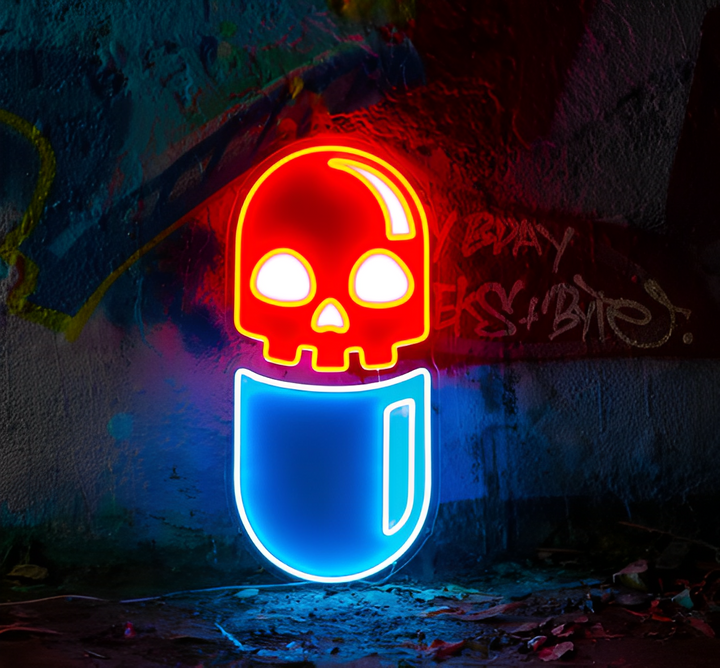 A UV Neon Artwork of a Chill Pill leaning on the wall on the floor,.
