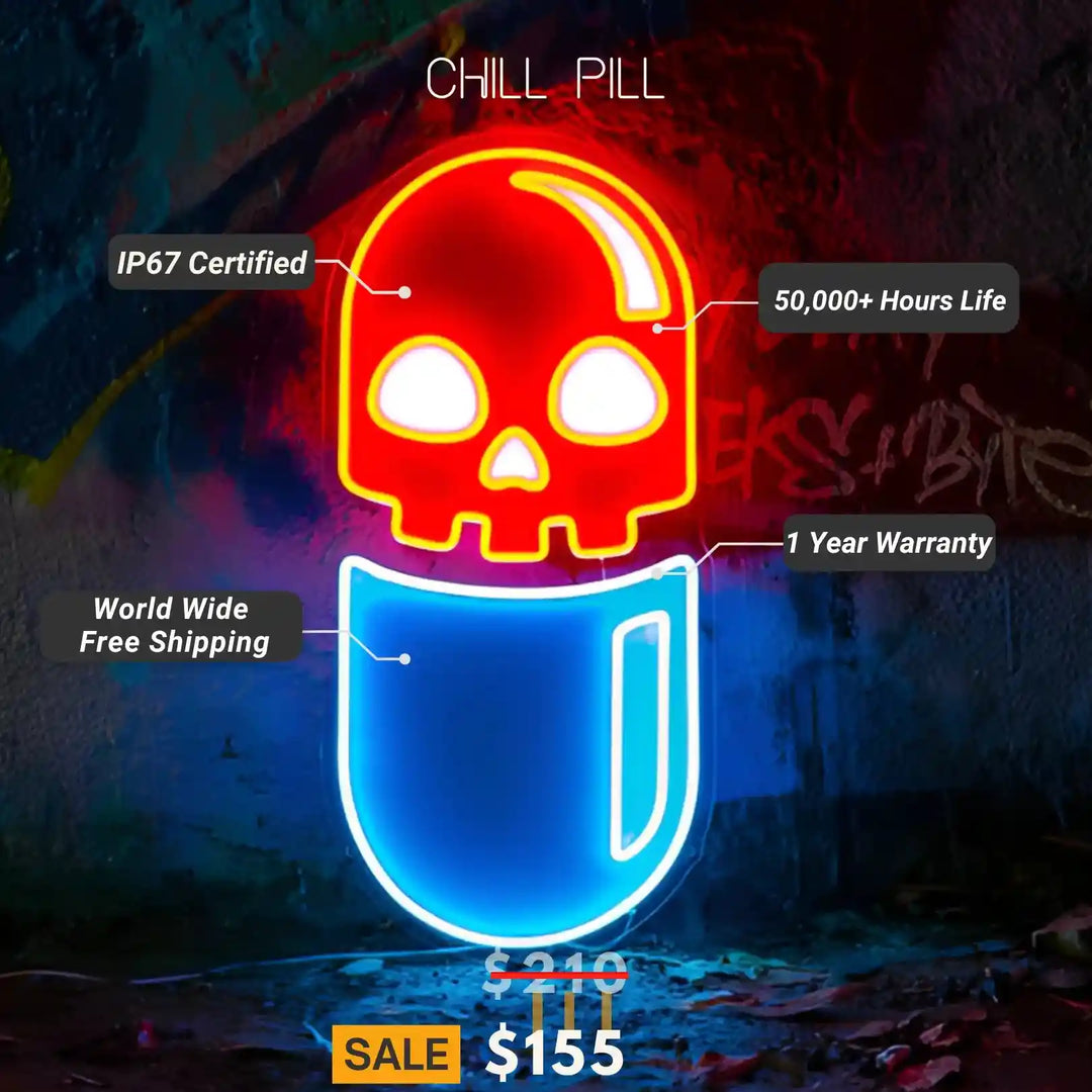 Chill Pill Neon Artwork: Serene and Stylish - Relaxation and Radiance from manhattonneons.com.