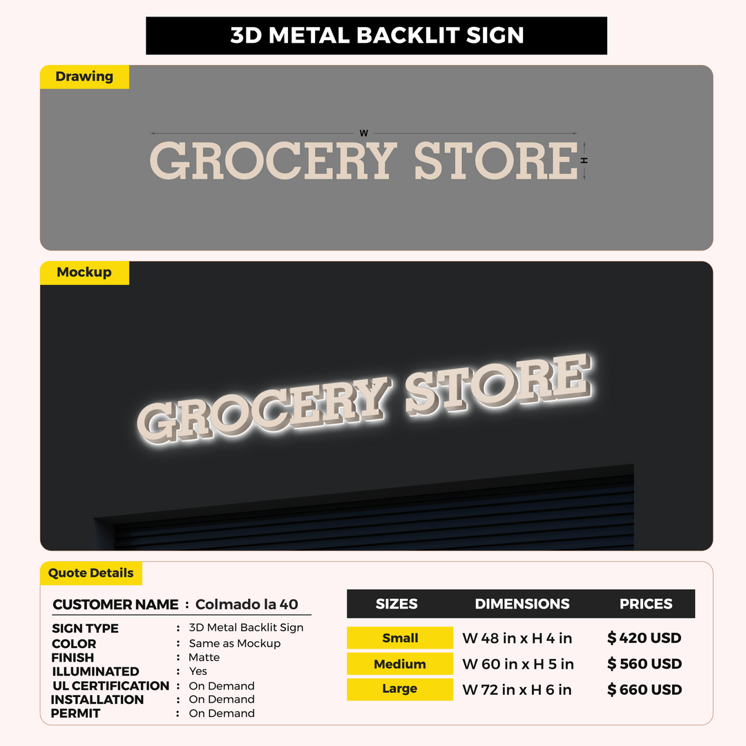 3D Metal backlit Sign For Colmado la 40