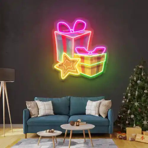 Present Merry Christmas Neon Sign by manhattanneons.com - Bring holiday joy to your space with this festive neon present sign.