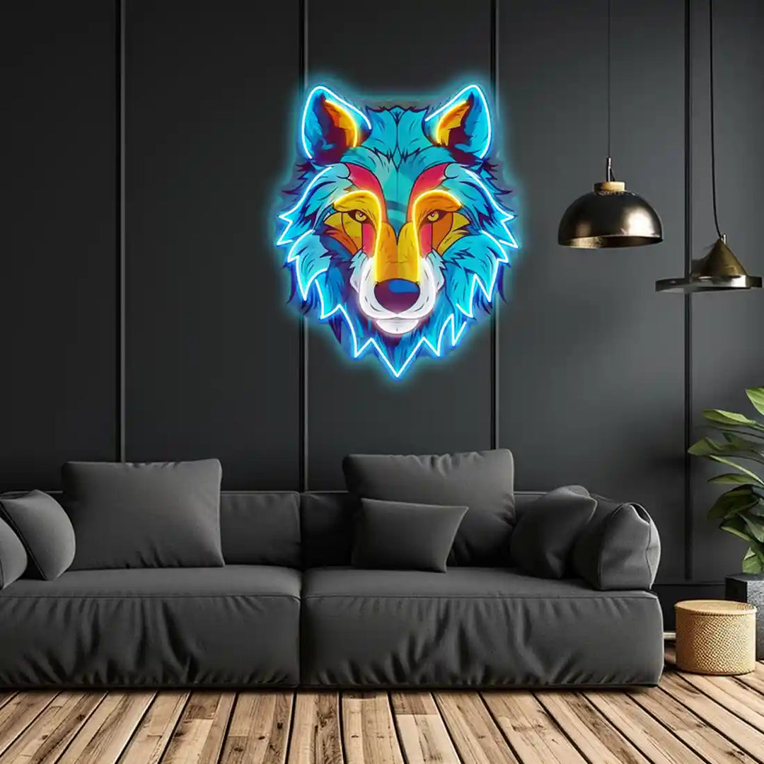 Colorful Wolf UV ART LED neon sign in blue and orange colour by manhattanneons.com