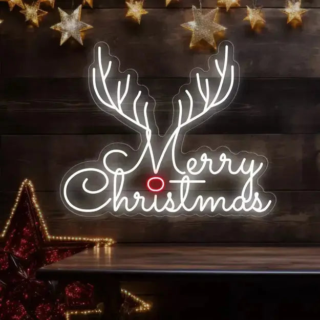 Cute Merry Christmas Neon Art with Reindeer Horns | Festive Glow ManhattanNeons