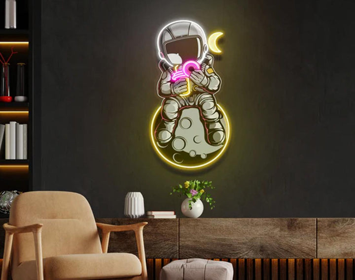 Donut And Coffee On Moon LED Neon Sign by manhattanneons.com - Sweet cravings in space.