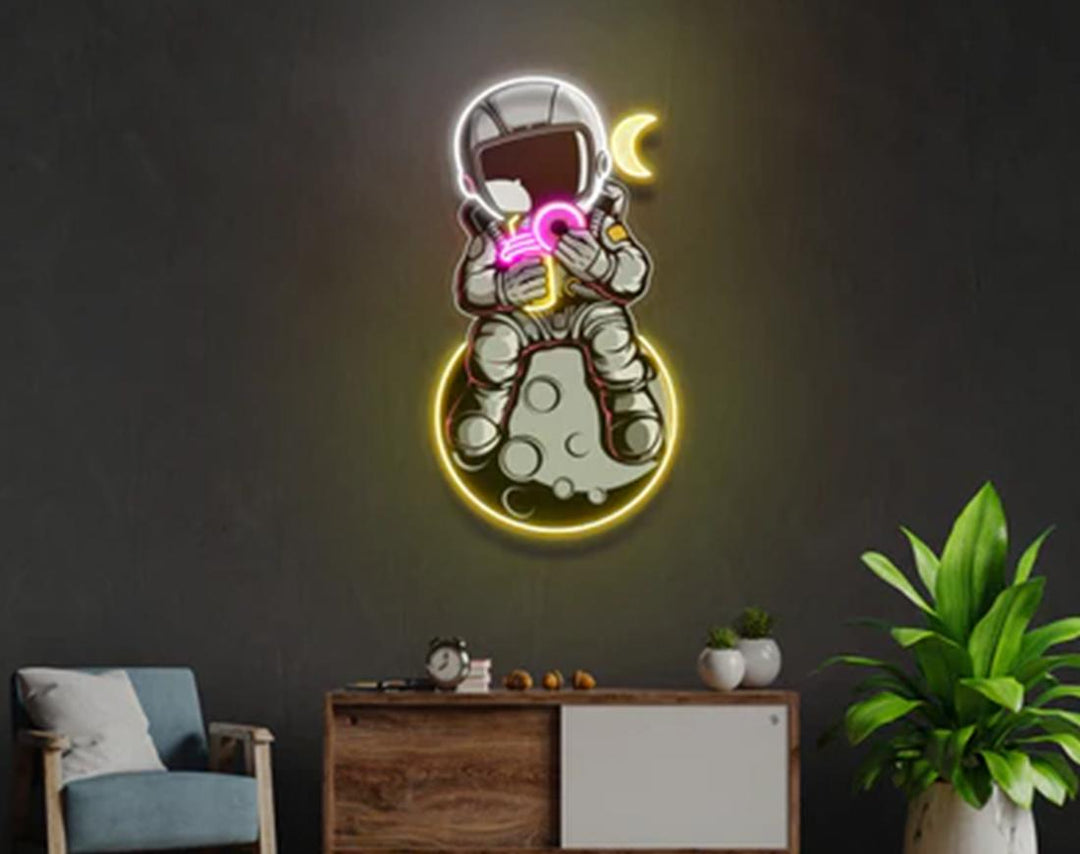 Donut And Coffee On Moon LED Neon Sign by manhattanneons.com - Sweet cravings in space.