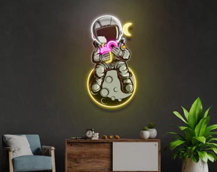 Donut And Coffee On Moon LED Neon Sign by manhattanneons.com - Sweet cravings in space.
