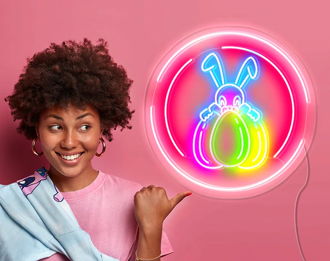 Easter Bunny Holding Eggs Neon Sign by manhattanneons.com – A joyful Easter bunny neon.