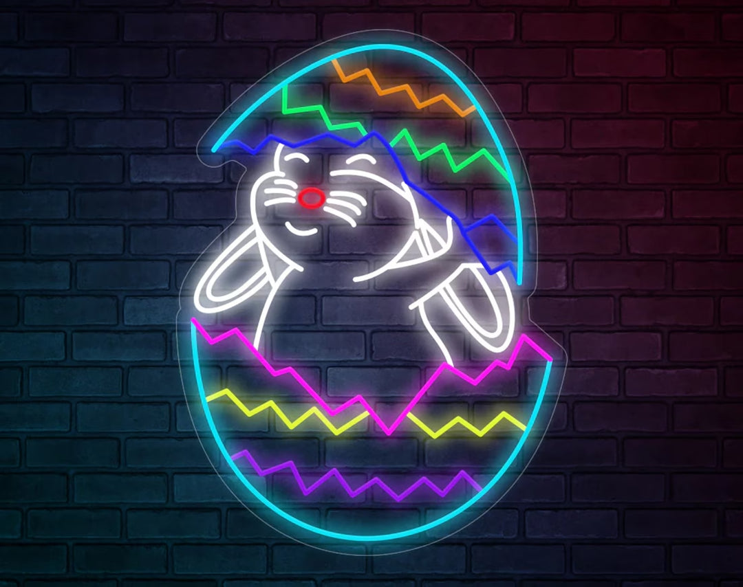 Colorful Egg Rabbit Easter Neon Sign by manhattanneons.com – A fun and bright bunny egg decoration.