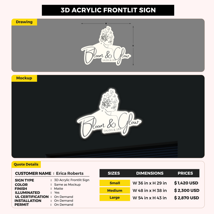 3D Acrylic Frontlit Sign For Erica Roberts