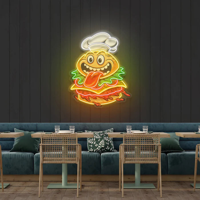 Funny Burger Chef Logo Mascot UV Art Led Neon sign Light illuminates any room with vibrant charm. Explore more at manhattanneons.com