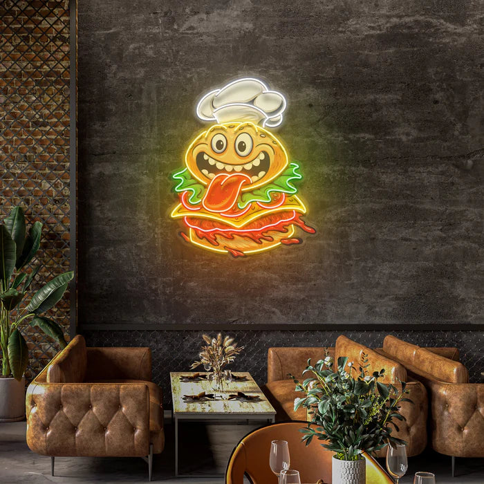 Funny Burger Chef Logo Mascot UV Art Led Neon sign Light illuminates any room with vibrant charm. Explore more at manhattanneons.com