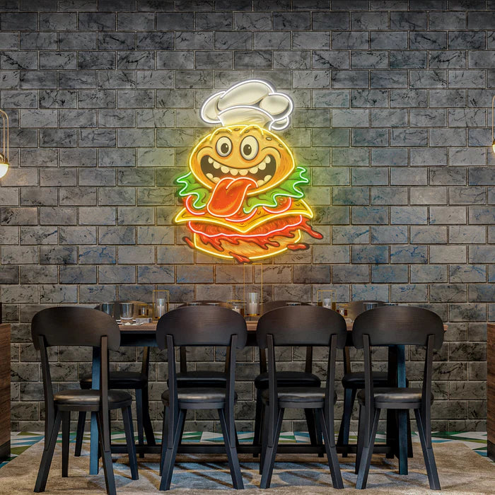 Funny Burger Chef Logo Mascot UV Art Led Neon sign Light illuminates any room with vibrant charm. Explore more at manhattanneons.com