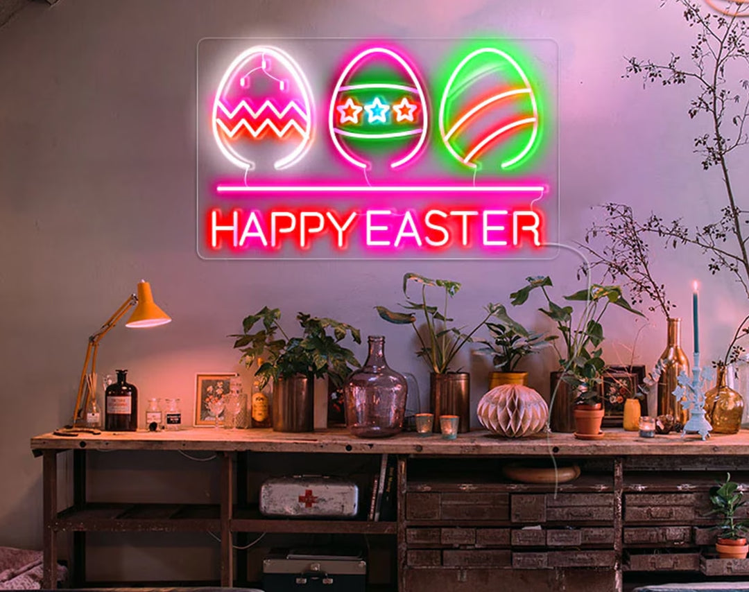 Happy Easter Eggs Neon Sign by manhattanneons.com – A glowing neon Easter egg set.