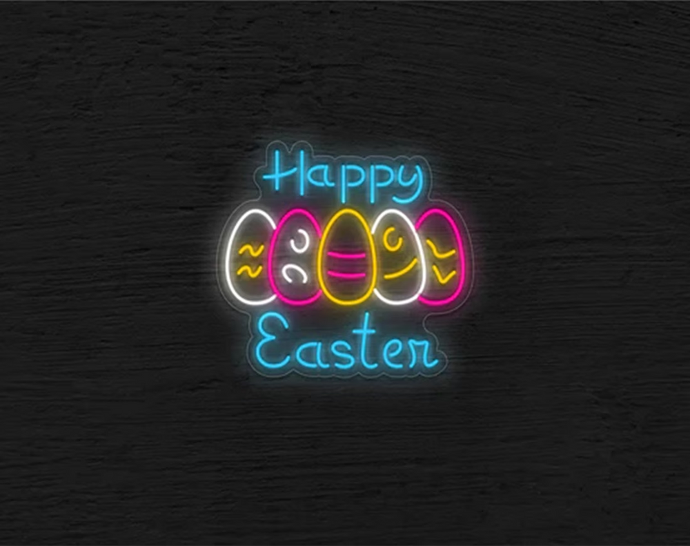 Happy Easter Neon Sign with 5 Eggs by manhattanneons.com – A bright and colorful Easter egg display.