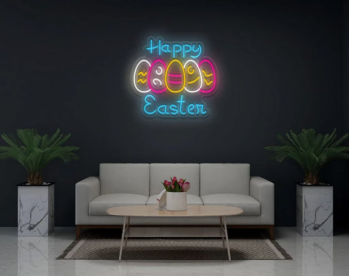 Happy Easter Neon Sign with 5 Eggs by manhattanneons.com – A bright and colorful Easter egg display.