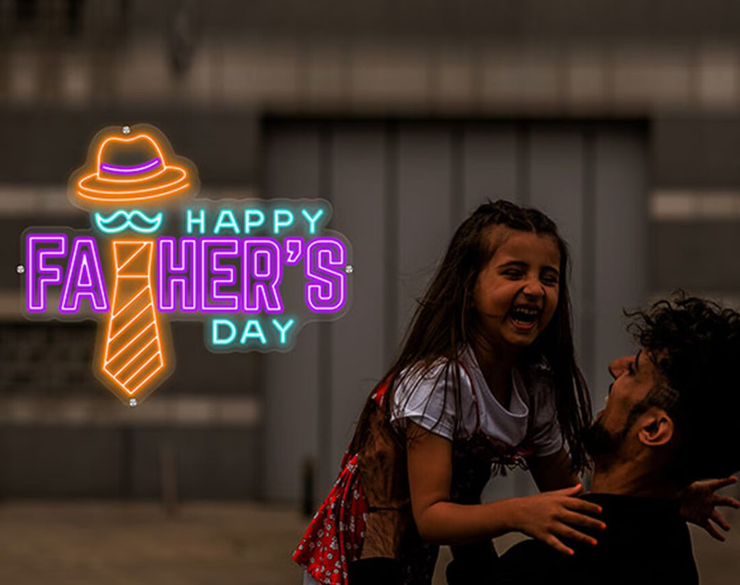 Happy Father's Day with Hat and Tie Neon Sign by manhattanneons.com - A classic design for Father's Day.