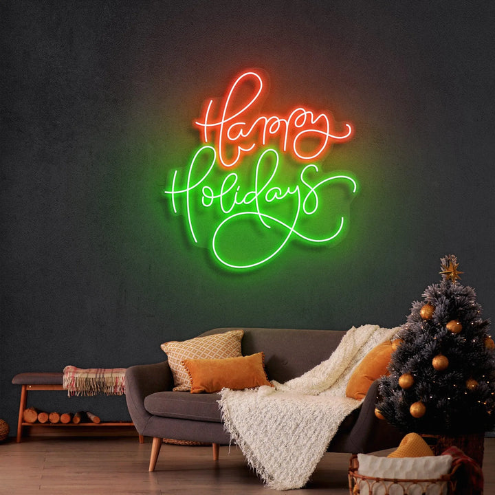 Happy Holidays Merry Christmas Neon Sign by manhattanneons.com - Celebrate the season with this cheerful neon sign.