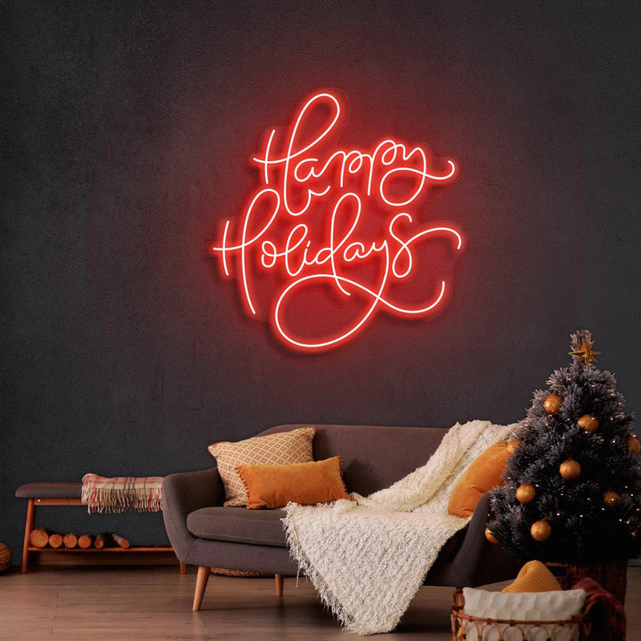 Happy Holidays Merry Christmas Neon Sign by manhattanneons.com - Celebrate the season with this cheerful neon sign.