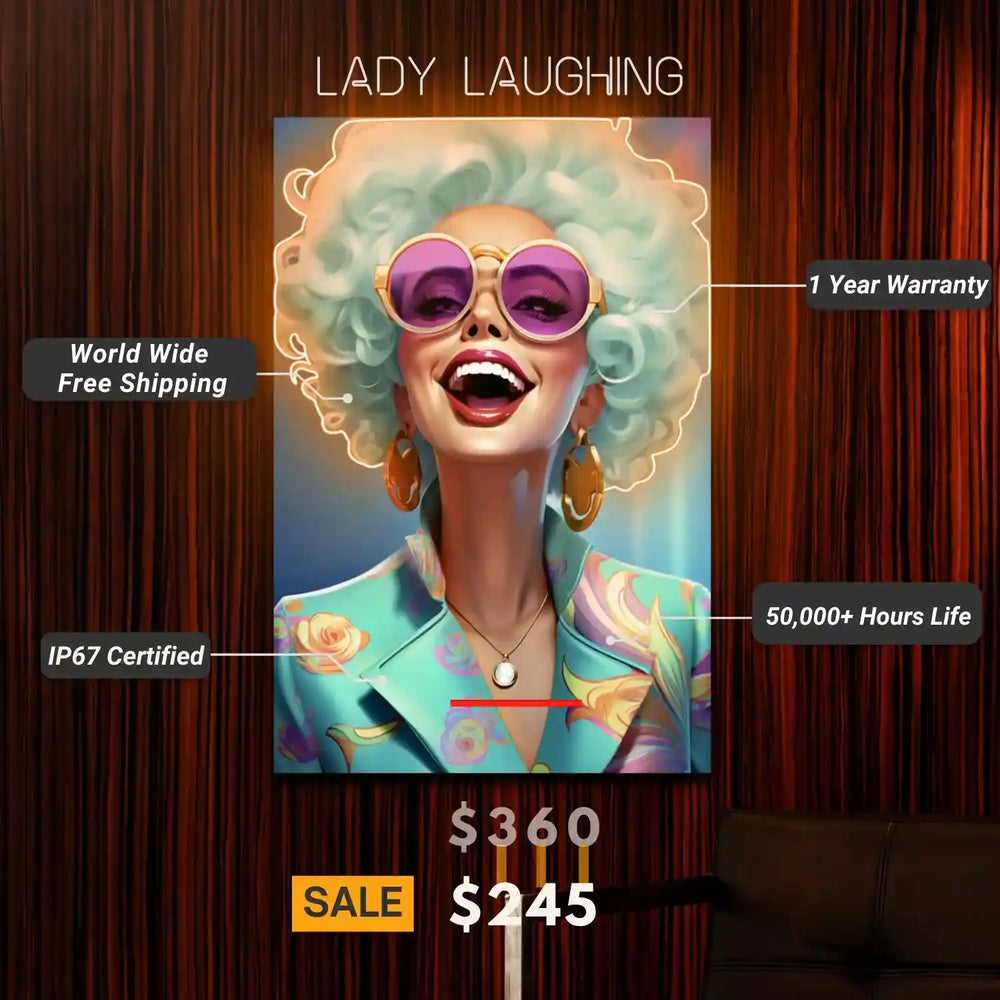 Lady Laughing UV Light Art | Radiant Neon Decor Piece - Vibrant Glow - Unique Design - from manhattonneons.com.