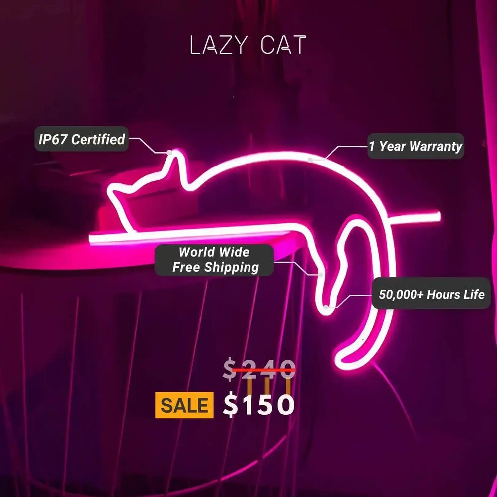 Lazy Cat Neon Sign - Playful Neon Kitty - Unique Home Decor - from manhattonneons.com.