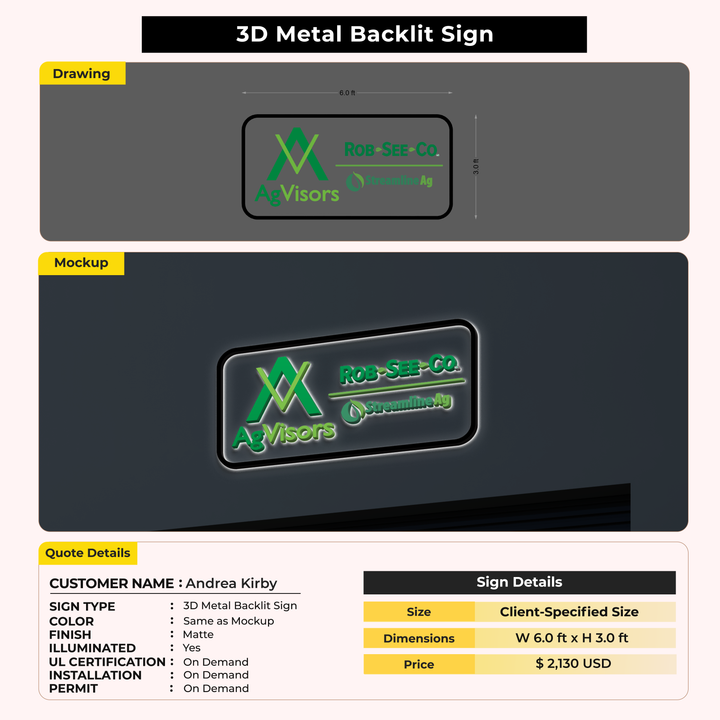 3D Metal Backlit Sign For Andrea Kirby