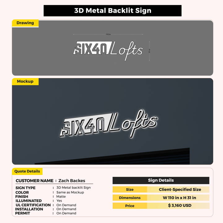 3D Metal Backlit Sign For Zach Backes