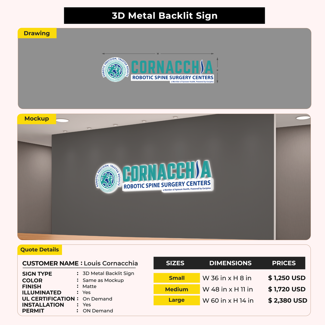 3D Metal Backlit Sign For Louis Cornacchia