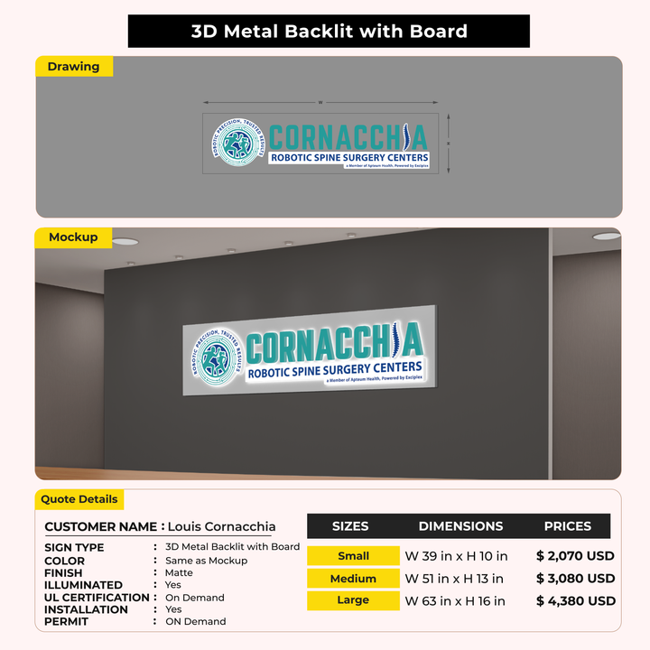 3D Metal Backlit Sign For Louis Cornacchia