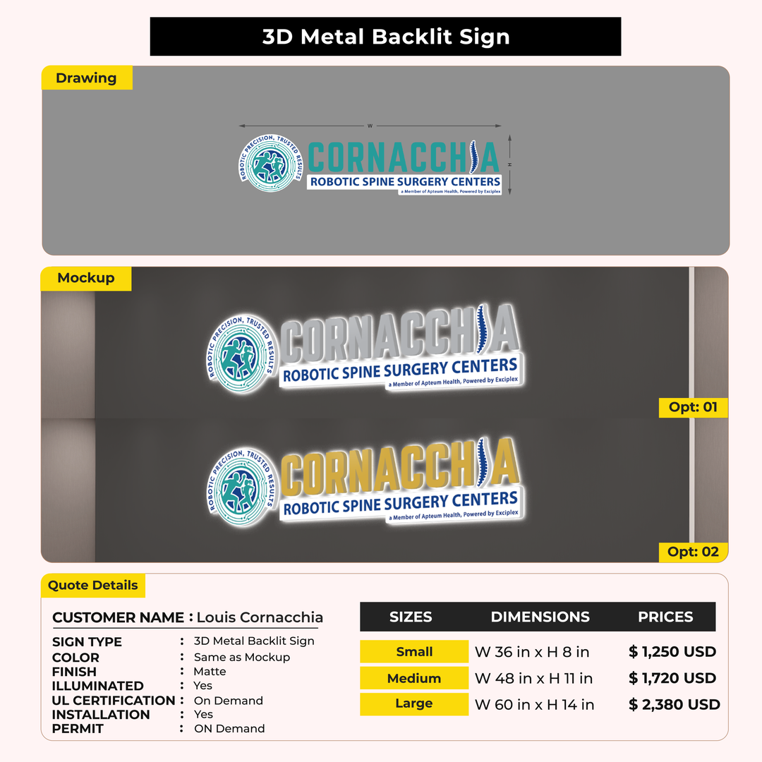 3D Metal Backlit Sign For Louis Cornacchia