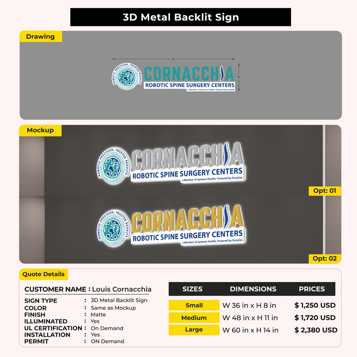 3D Metal Backlit Sign For Louis Cornacchia