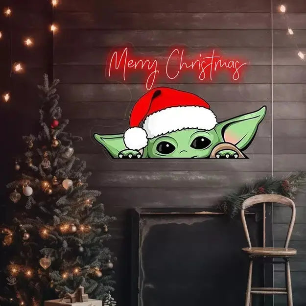 Merry Christmas Neon Sign Featuring Baby Yoda | Cute Christmas Glow ManhattanNeons