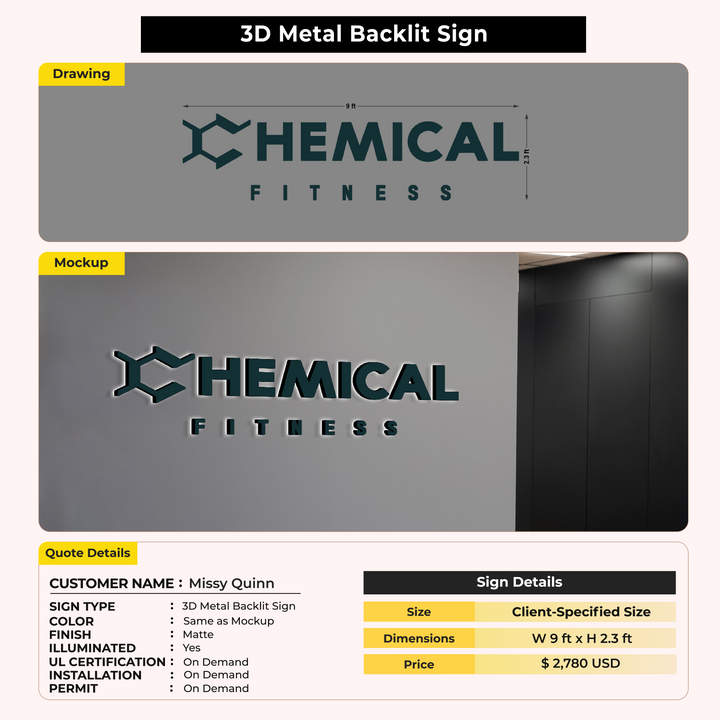 3D Metal backlit Sign For Missy Quinn