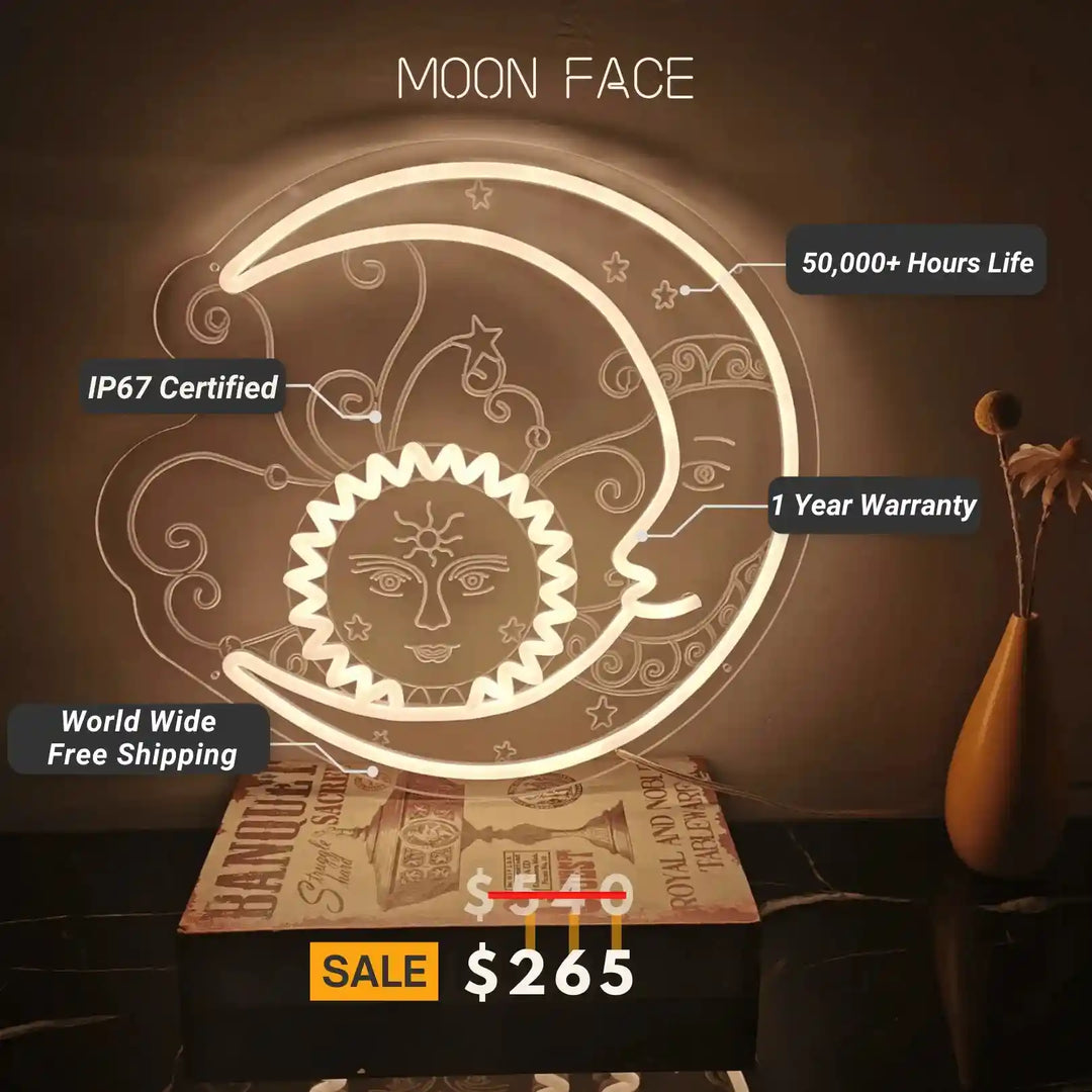 Moon-Face Trendy Neon Sign - ManhattanNeons, lighting up your space with celestial charm.