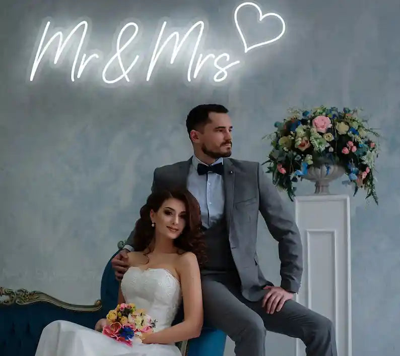 Mr. And Mrs. Neon Sign - Elegant Wedding Decor - Unique Home Lighting - from manhattonneons.com.