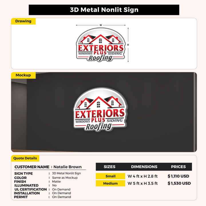 3D Metal Nonlit Signs for Natalie Brown