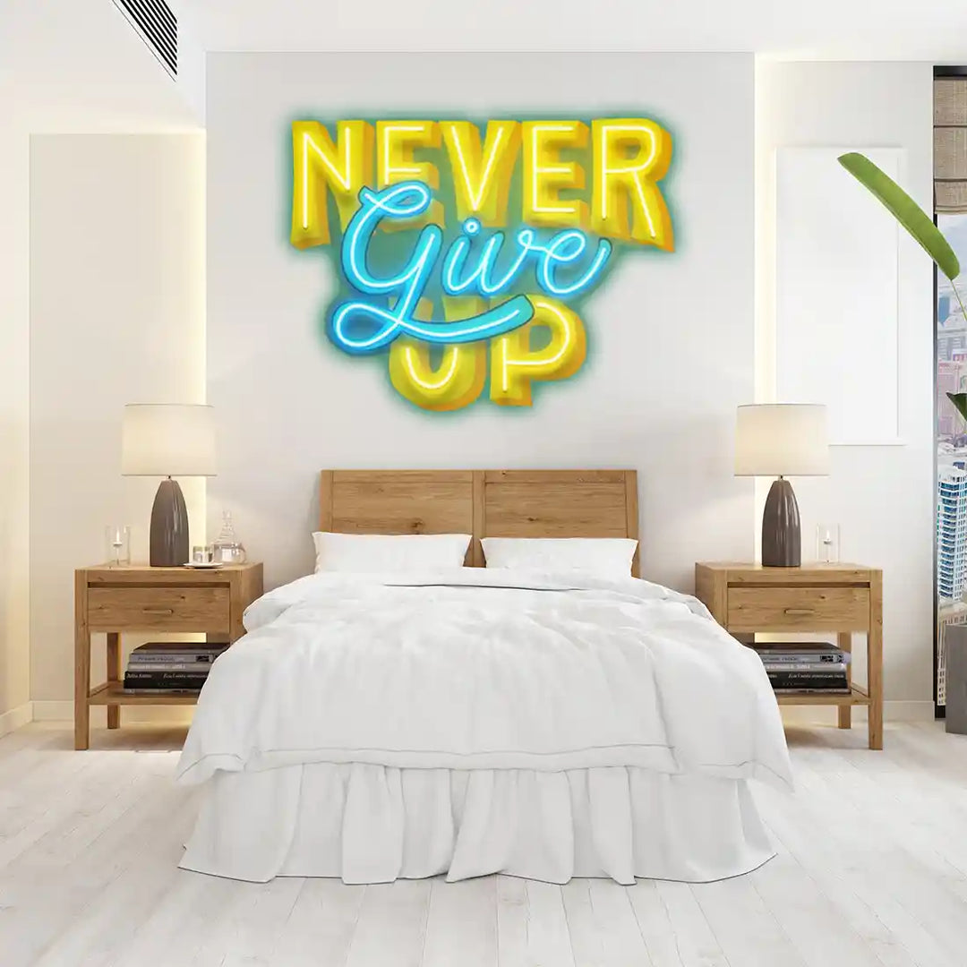 Never Give Up UV Art LED Neon Sign in blue and yellow colour by manhattanneons.com