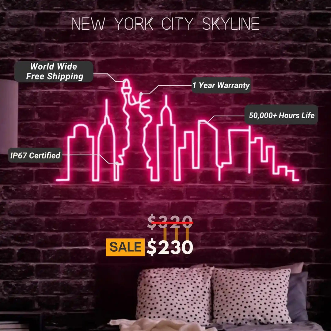 New York City Skyline UV Printed Neon Artwork - Vibrant Cityscape Glow - from manhattonneons.com.