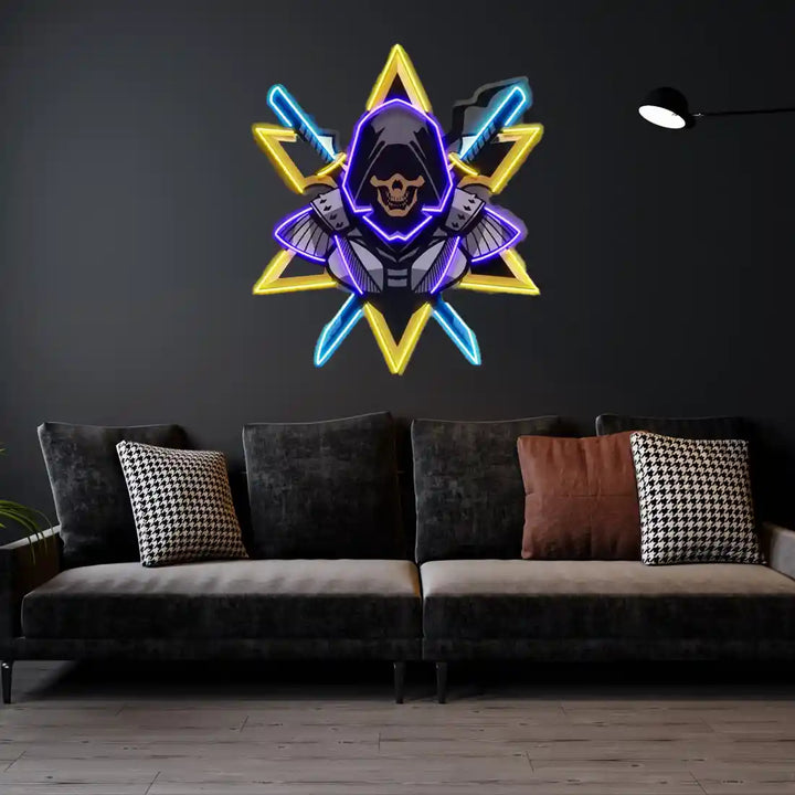 Ninja With Skull Mask UV Art LED Neon Sign in purple, yellow and blue colour by manhattanneons.com