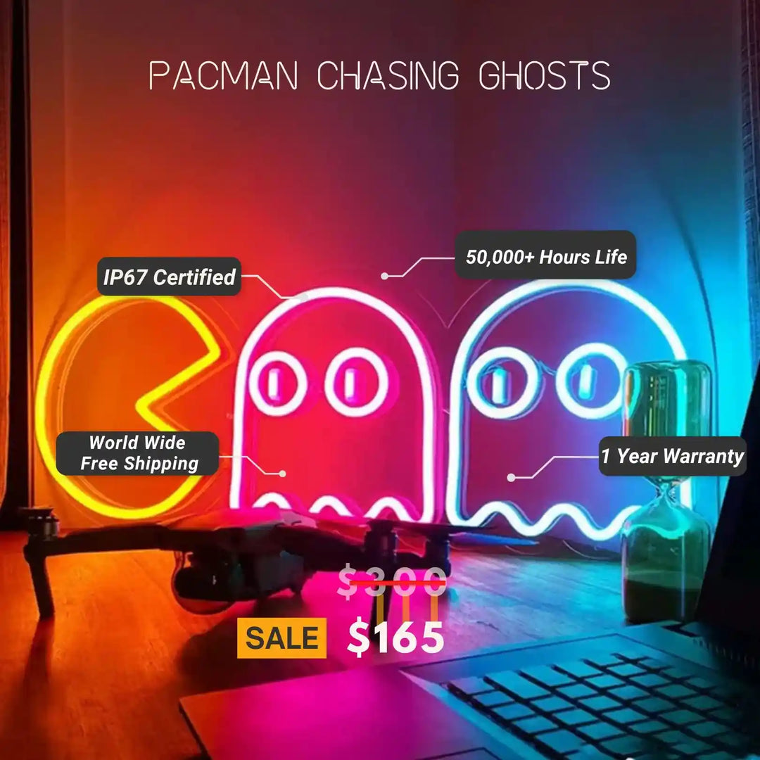 Pac-Man Chasing Ghosts Neon Sign | Bring Retro Gaming Fun to Life - Illuminated Arcade Nostalgia from manhattonneons.com