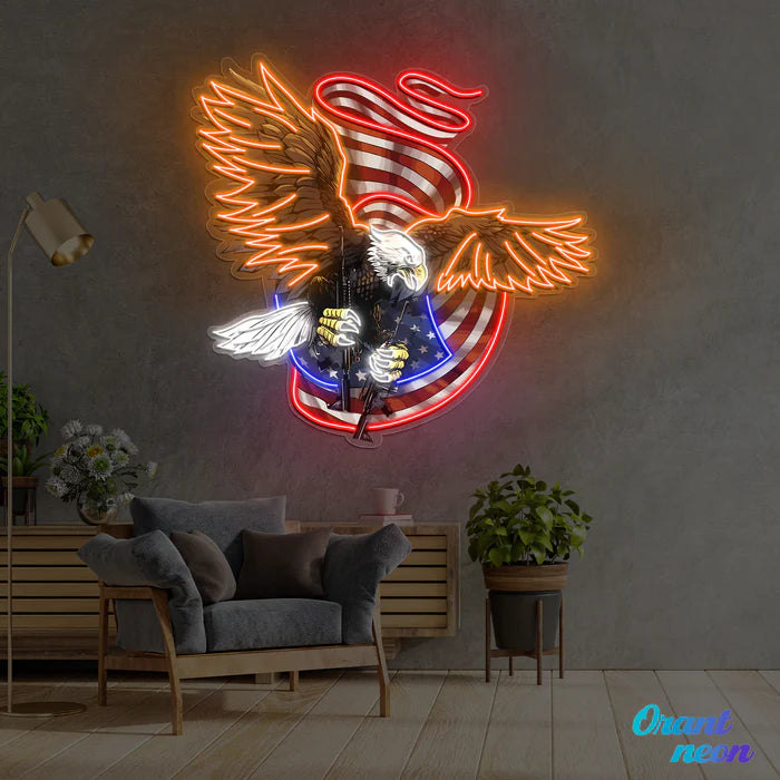 Patriotic Eagle and Guns UV Art Led Neon sign US Flag - Immerse yourself in patriotic brilliance. Get yours at manhattanneons.com